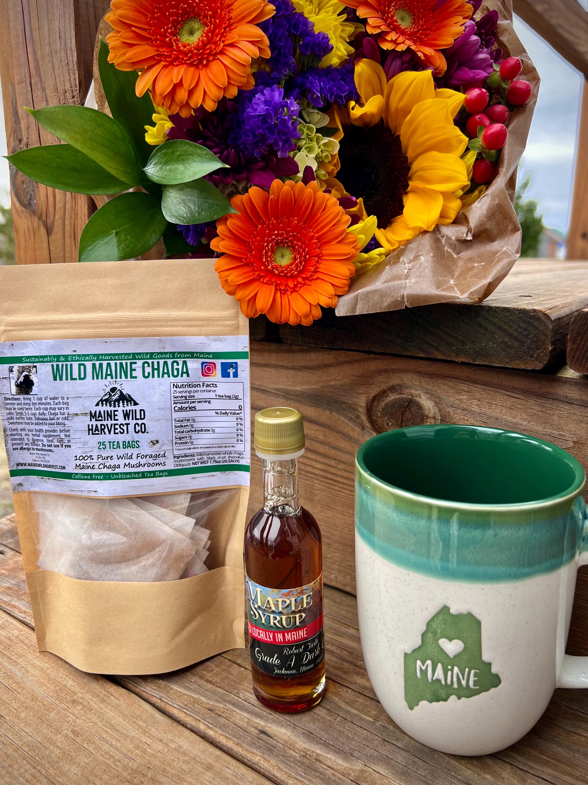 Maine Gift Set: Just a Kid from Maine Mug, Chaga Tea, Beaver Fur Hand Warmers & Maple Syrup