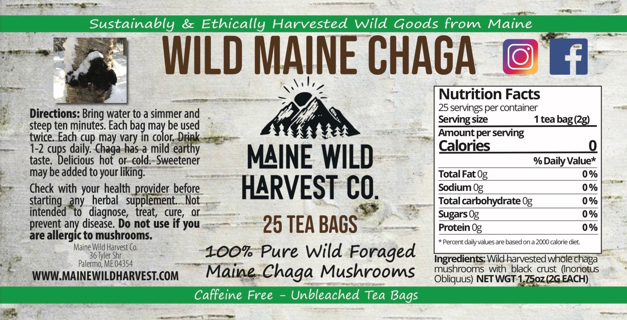 Wild Maine Chaga Tea Bags (25ct) - All Natural