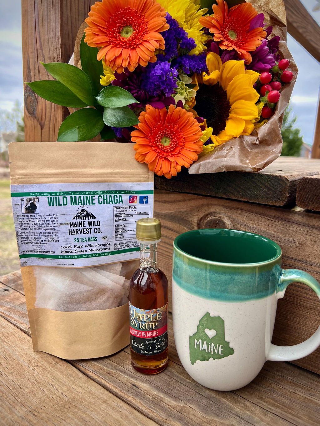 Maine Gift Set: Maine Mug, Chaga Tea, Beaver Fur Handwarmers and Maine Maple Syrup
